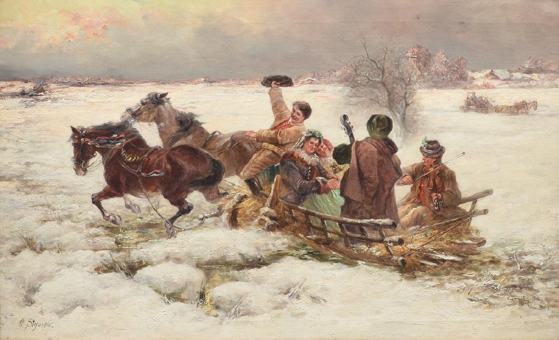 after ALFRED VON WIERUSZ-KOWALSKI (Polish/Russian: after ALFRED VON WIERUSZ-KOWALSKI (Polish/Russian Federation/German 1849-1915) A PAINTING, "The Country Wedding Party," circa 1900, oil on canvas, signed L/L "C. Siojunow." 19" x 31 1/2"