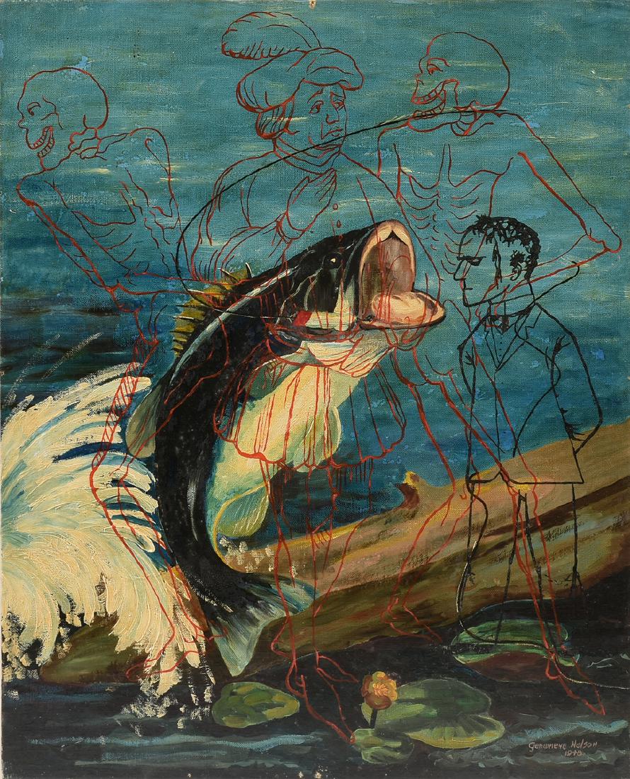 AL SOUZA (American/Texas b. 1944) A PAINTING, "Fish: AL SOUZA (American/Texas b. 1944) A PAINTING, "Fish Tamer," oil on canvas board, signed L/R. 20" x 16"