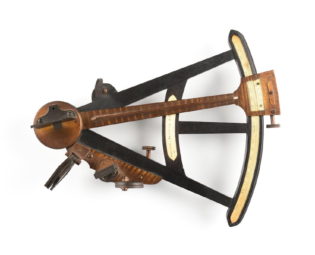 A SPENCER, BROWNING & CO. VICTORIAN EBONY, BONE, AND: A SPENCER, BROWNING & CO. VICTORIAN EBONY, BONE, AND BRASS NAVIGATOR'S OCTANT, LONDON, 1850-1860, with ebony "A" form frame fitted with bone plaque engraved "Spencer, Browning & Co London" and later "