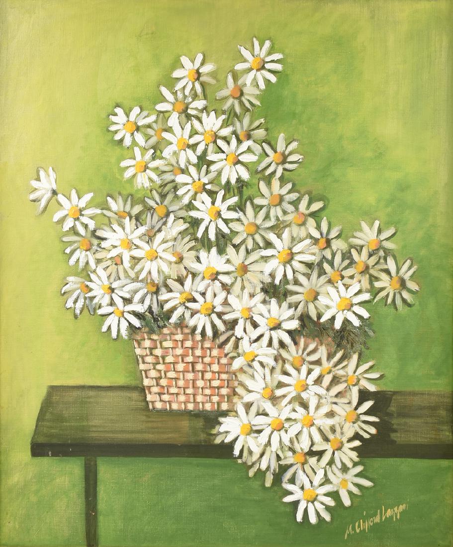 MARY CLIFFORD LAZZARI (American/Texas 20th Century) A: MARY CLIFFORD LAZZARI (American/Texas 20th Century) A PAINTING, "Daisies Flowering on a Green Bench," acrylic on canvas, signed L/R. 30" x 36" Provenance: Bearing "Long & Company" paper label verso.