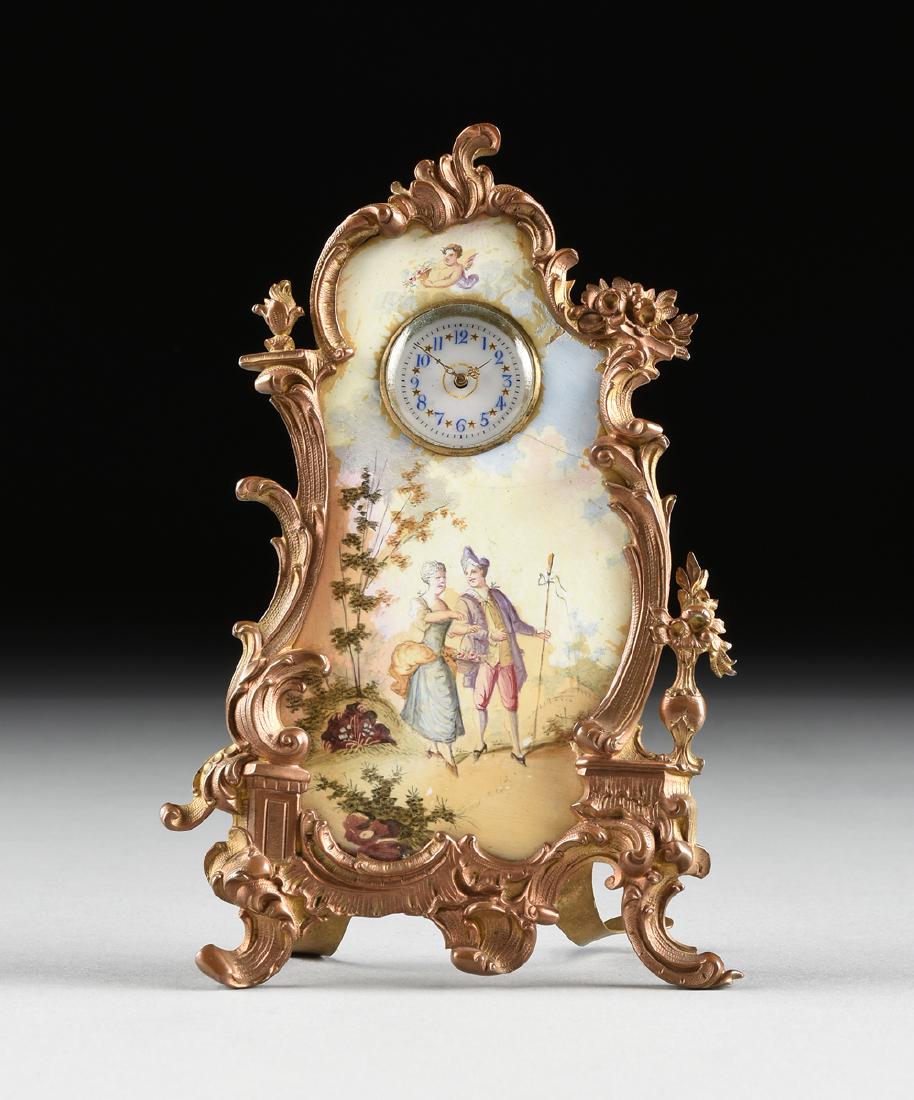 A CONTINENTAL MINIATURE GILT BRONZE AND ENAMEL CLOCK, (1 of 10)
