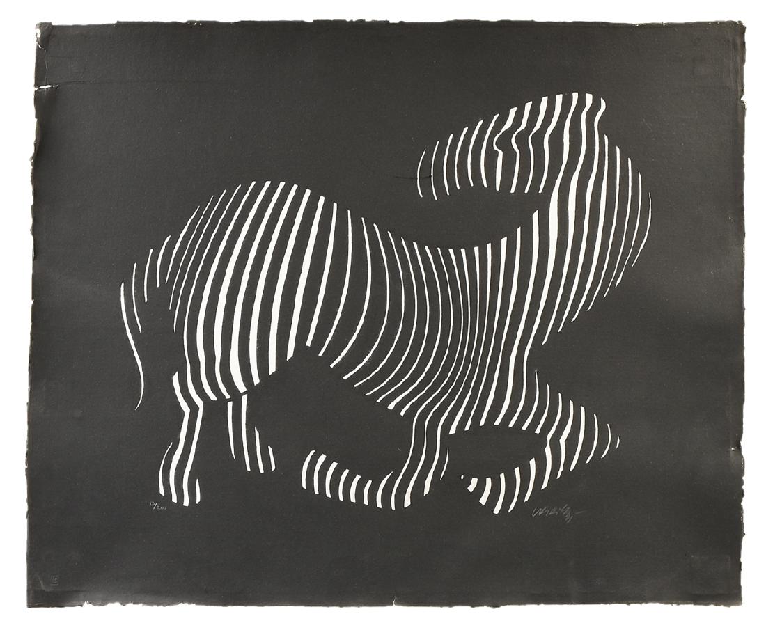 VICTOR VASARELY (French/Hungarian 1908-1997) A PAPER: VICTOR VASARELY (French/Hungarian 1908-1997) A PAPER SCULPTURE, "Zebra," cast paper, numbered 13/200 in pencil L/L and signed in pencil L/R. 31" x 38 1/2"