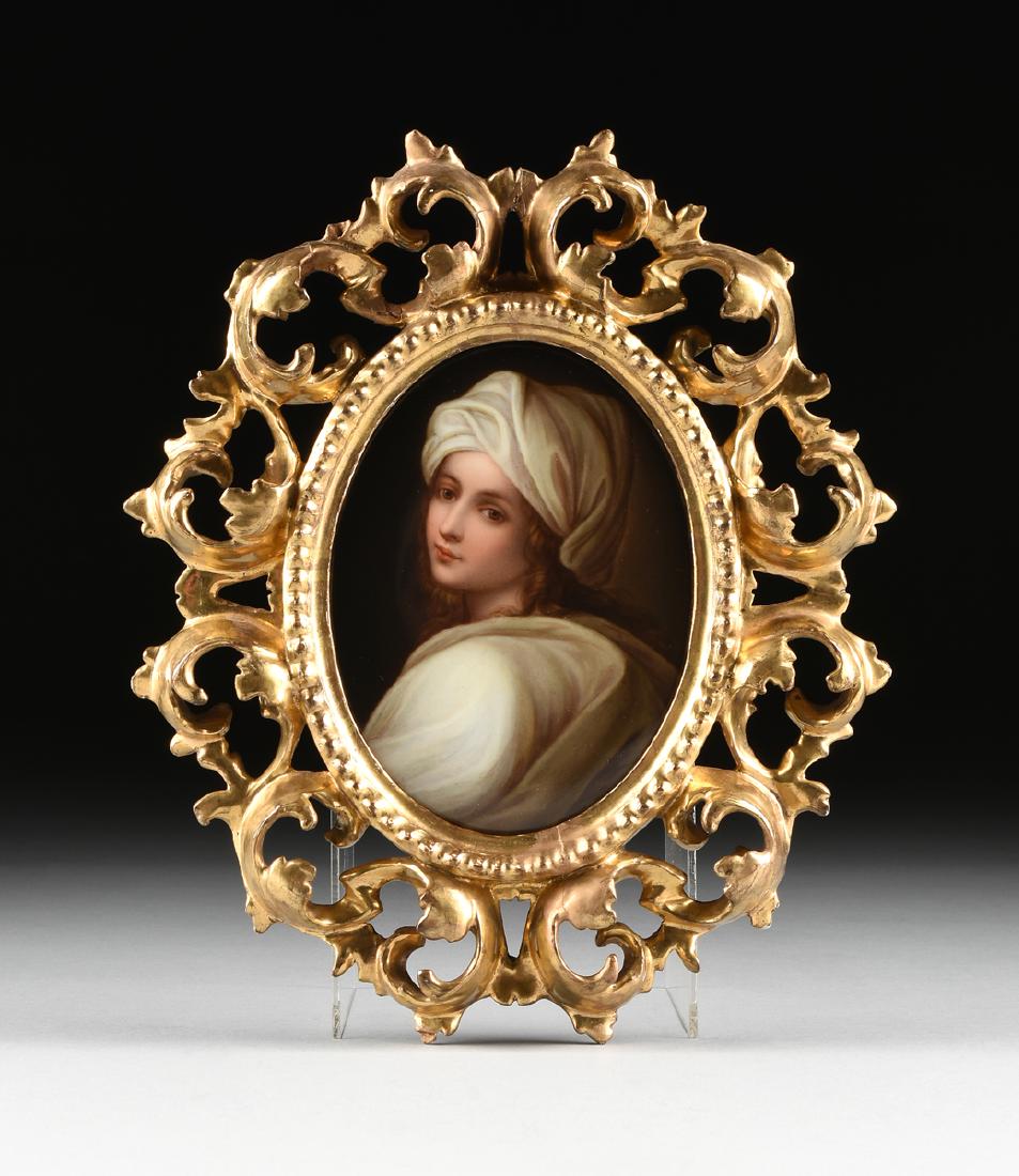 AN ITALIAN PORCELAIN PORTRAIT PLAQUE PORTRAYING: AN ITALIAN PORCELAIN PORTRAIT PLAQUE PORTRAYING BEATRICE CENCI AS A SYBIL, AFTER GUIDO RENI, LATE 19TH/EARLY 20TH CENTURY, a finely painted oval porcelain reversing to the white bisque back with a bla