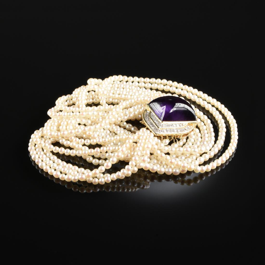 A 14K YELLOW GOLD, PEARL, AMETHYST, AND DIAMOND CHOKER (1 of 1)