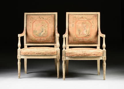 attributed to the workshop of FRANCOIS-HONORE-GEORGES: attributed to the workshop of FRANCOIS-HONORE-GEORGES JACOB-DESMALTER ET CIE. (French 1770-1841) A PAIR OF DIRECTOIRE STYLE POLYCHROME AND NEEDLEPOINT BEECH FAUTEILS, PARIS, FIRST QUARTER 19TH