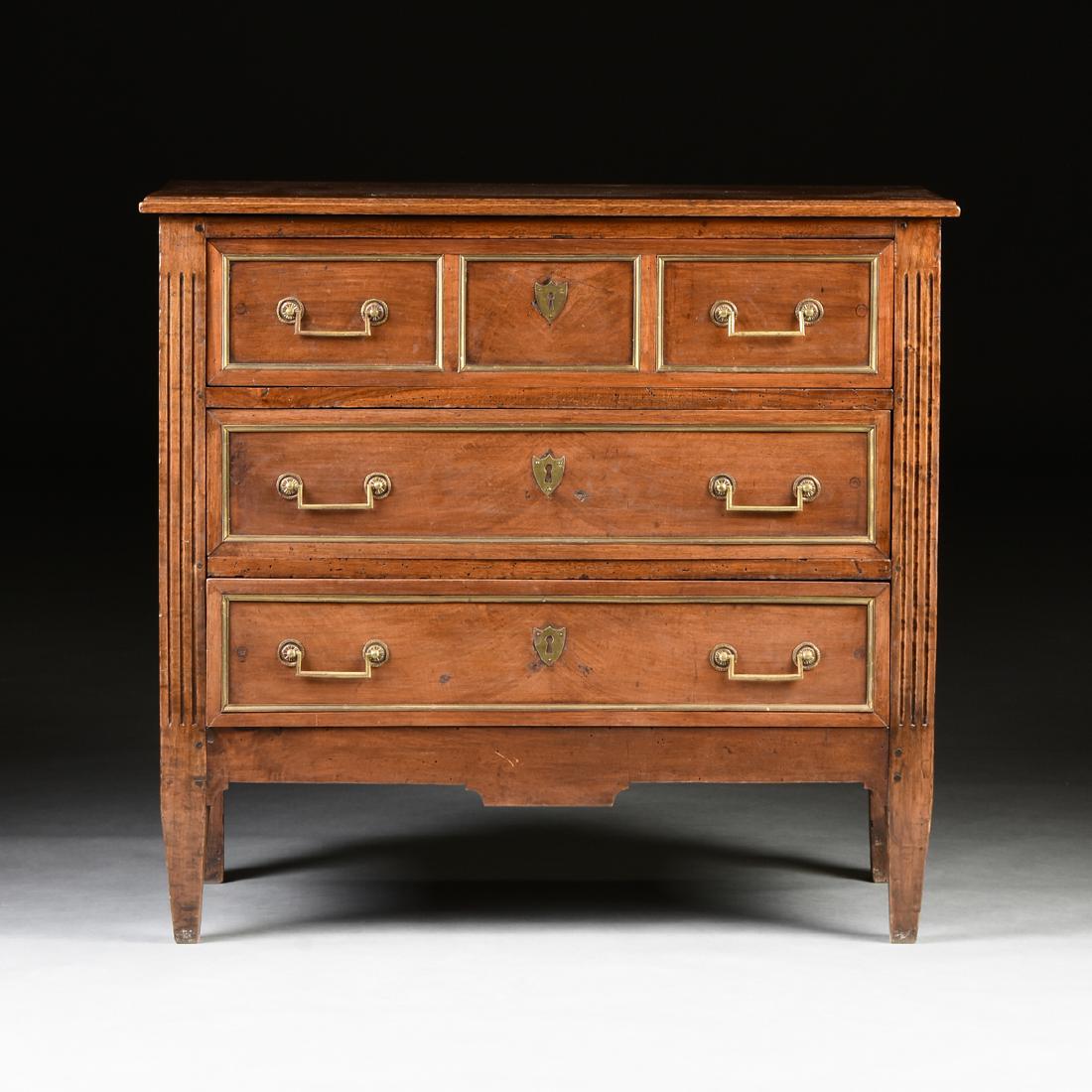 A FRENCH DIRECTOIRE BRASS MOUNTED WALNUT COMMODE, (1 of 9)