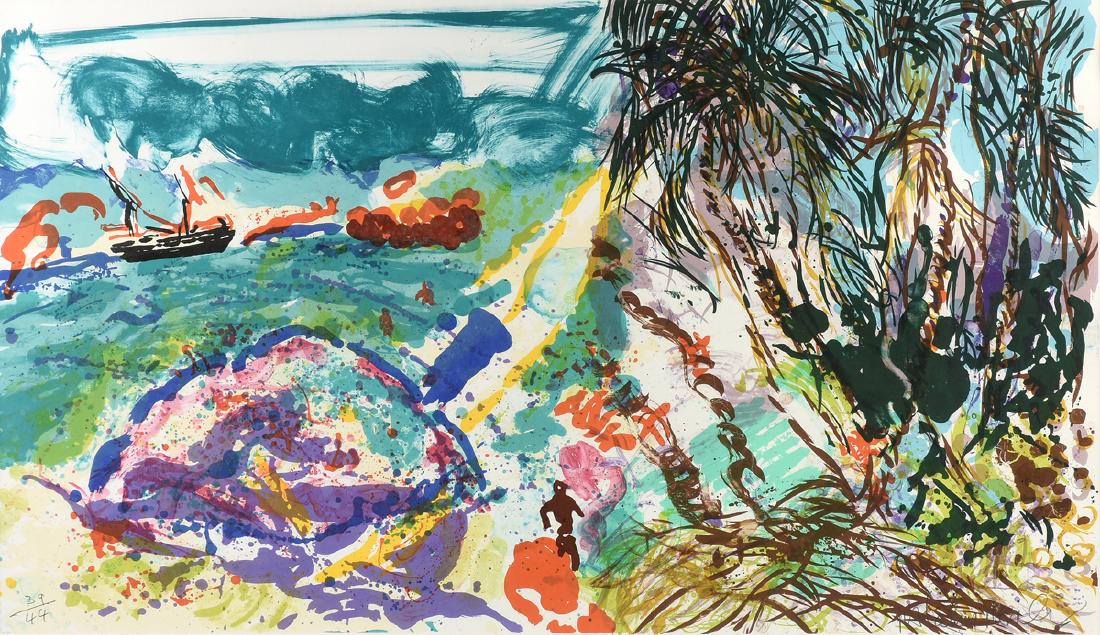 MALCOLM MORLEY (b. 1931) A COLORED LITHOGRAPH, "Our: MALCOLM MORLEY (b. 1931) A COLORED LITHOGRAPH, "Our Tramp Steamer Hugging the Horizon off Coconut Island II," on paper, numbered 39/44 L/L and signed L/R. 28" x 49"