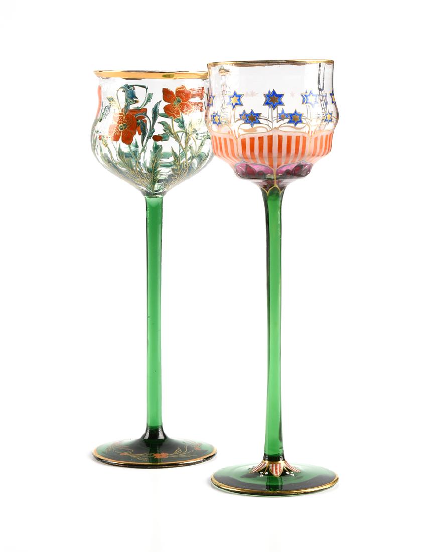 A GROUP OF TWO MEYR'S NEFFE GILT AND ENAMEL DECORATED: A GROUP OF TWO MEYR'S NEFFE GILT AND ENAMEL DECORATED OPTIC GLASS WINE STEMS, ADOLF BEI WINTERBERG, BOHEMIA, CIRCA 1900, comprising a wine glass with clear optic glass bell shaped bowl with transparen