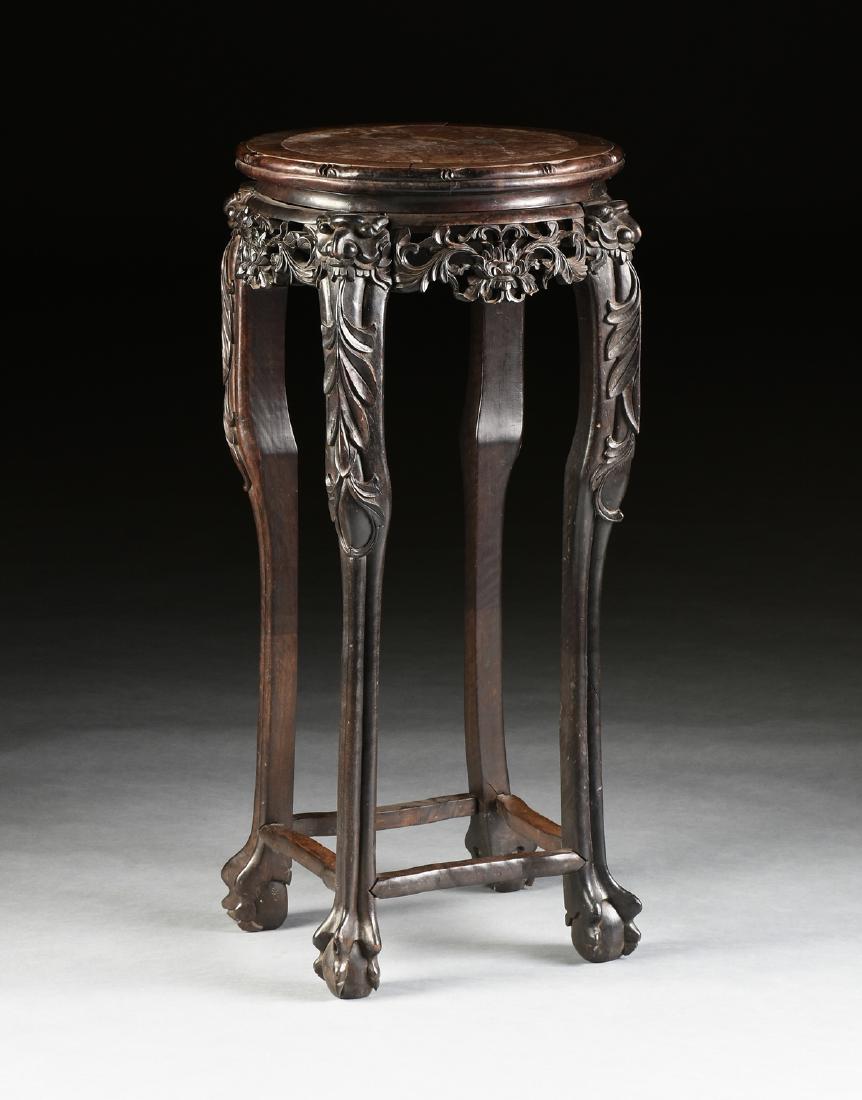 A CHINESE EXPORT ROSEWOOD MARBLE TOP PEDESTAL, LATE (1 of 7)