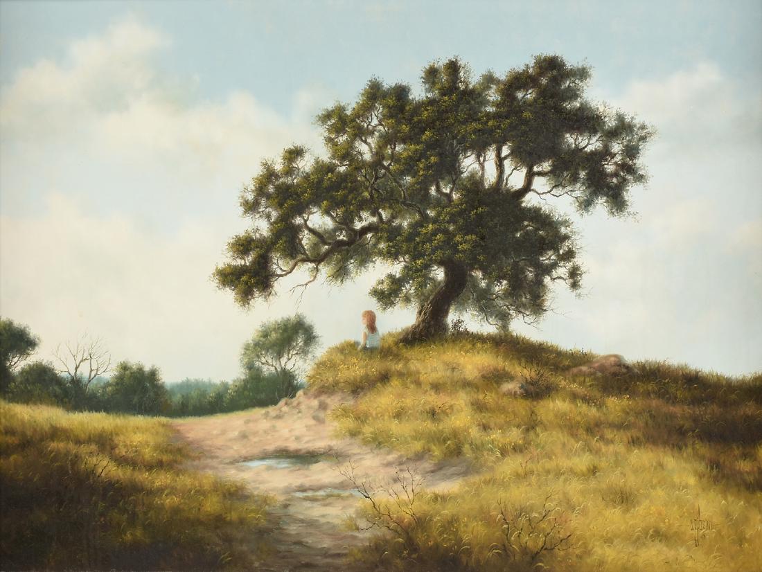 CAROL GIBSON SAYLE (American/Texas b.1944) A PAINTING,: CAROL GIBSON SAYLE (American/Texas b.1944) A PAINTING, "A Private Time," oil on canvas, signed L/R, verso signed and dated 1974. 17 1/2" x 23 1/2"