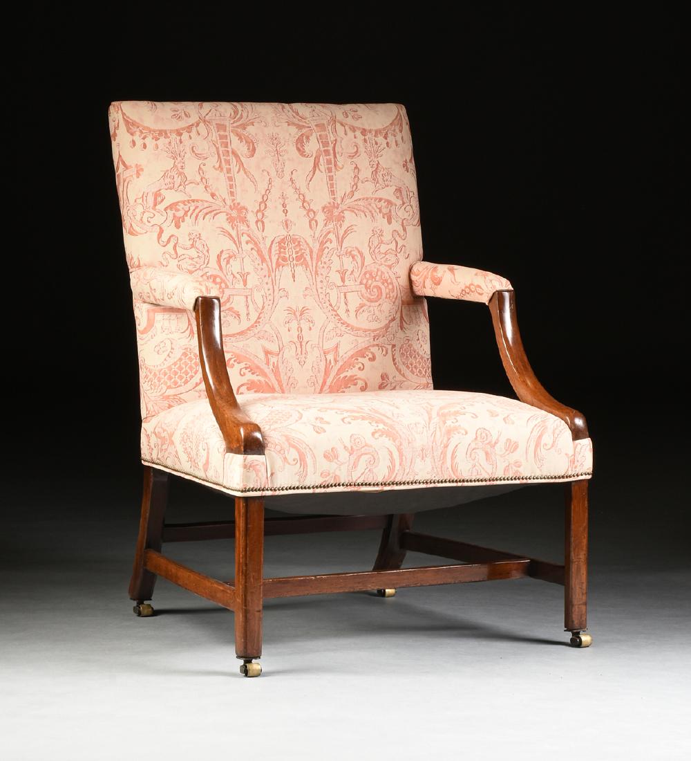 A CHIPPENDALE STYLE CARVED WALNUT OPEN ARM LIBRARY (1 of 6)