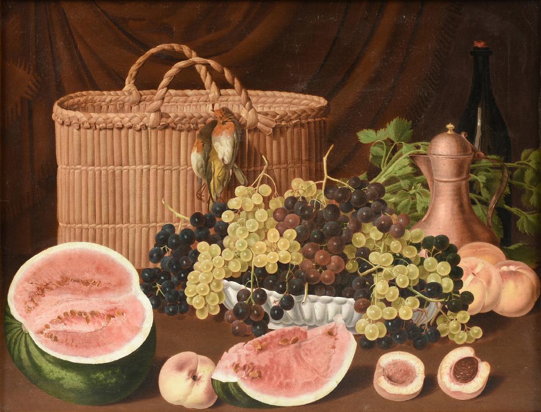 after CLARA PEETERS (Flemish 1594-1657) A PAINTING,: after CLARA PEETERS (Flemish 1594-1657) A PAINTING, "Nature Morte with Peaches, Watermelon, Grapes, Copper Kettle, Wine Bottle, Sparrows, Basket and White Lobed Dish," 19th century, oil on canvas. 23"