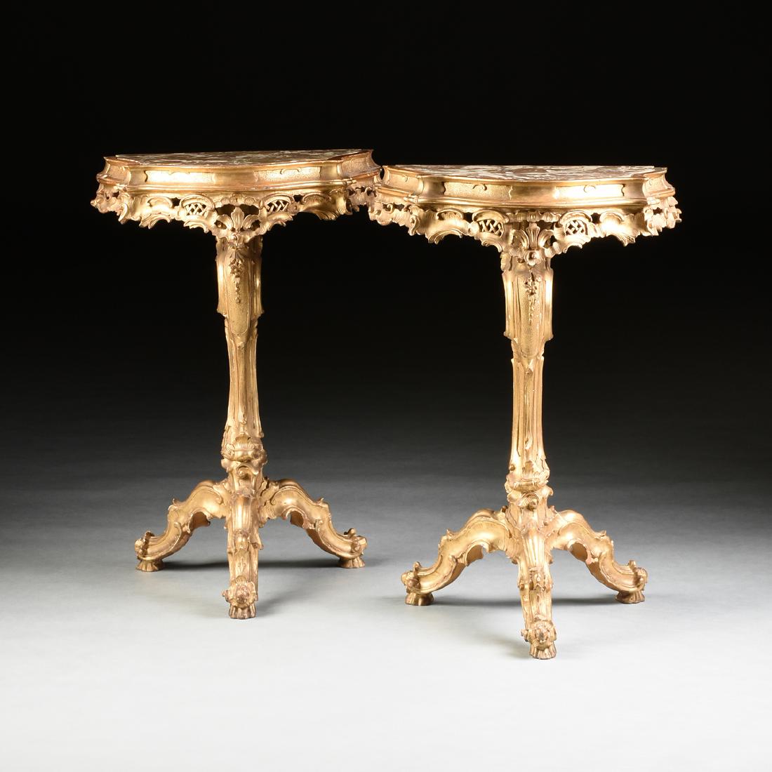 A PAIR OF ROCOCO REVIVAL GILTWOOD MARBLE TOP CONSOLE (1 of 10)