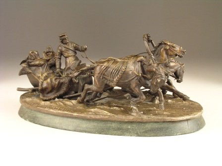 VASSILY YACOVLEVITCH GRATCHEV (Russian 1831-1905): VASSILY YACOVLEVITCH GRATCHEV (Russian 1831-1905) A BRONZE SCULPTURE, "Speeding Troika," signed in the bronze, V.K. Grachev, K.F. Werfel foundry, St. Petersburg, on conforming green marble oval plinth