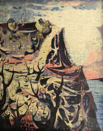 PAUL MAXWELL (American/Texas, b. 1925) A PAINTING,: PAUL MAXWELL (American/Texas, b. 1925) A PAINTING, " Abstract Seascape," Acrylic on board, signed and dated 1957. 30 1/4" x 24". Framed.