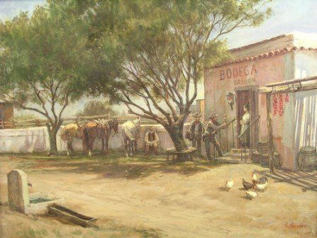 LAJOS MARKOS (American/Texas 1917-1993) A PAINTING: LAJOS MARKOS (American/Texas 1917-1993) A PAINTING, "The Bodega Saloon," oil on canvas, signed. 18" x 24". Framed. Provenance: Brass Door galleries, Houston, Texas.