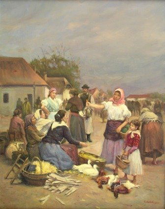 WILLIAM KALWICK (American/Texas, b. 1960) A PAINTI: WILLIAM KALWICK (American/Texas, b. 1960) A PAINTING, "Market Day," oil on masonite, signed. 20" x 16". Framed. Note: Studies under Lajos Markos.