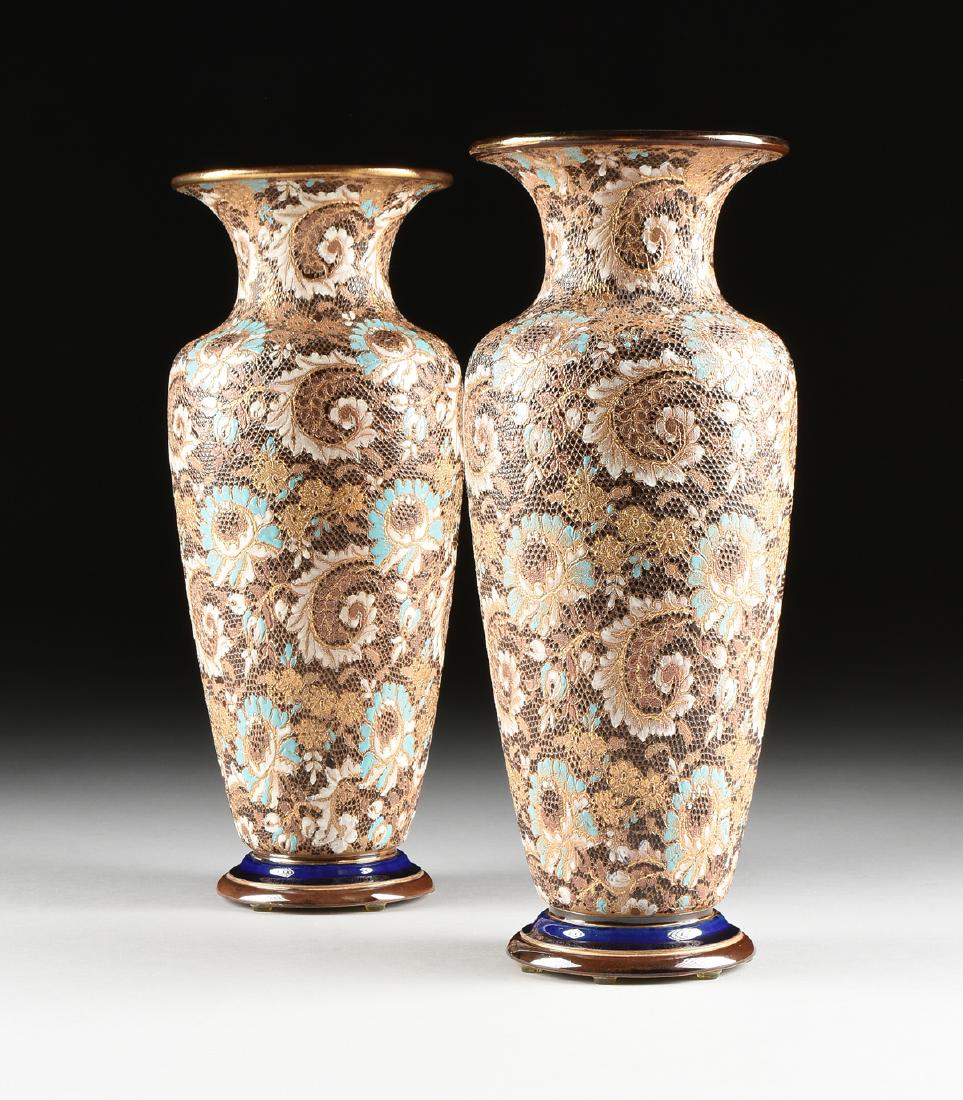 A PAIR OF DOULTON LAMBETH STONEWARE VASES WITH SLATER (1 of 8)