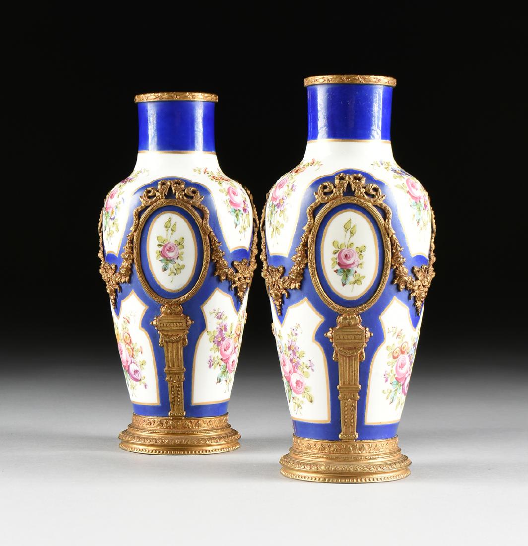 A CASED PAIR OF FRENCH SEVRES STYLE GILT METAL MOUNTED (1 of 13)