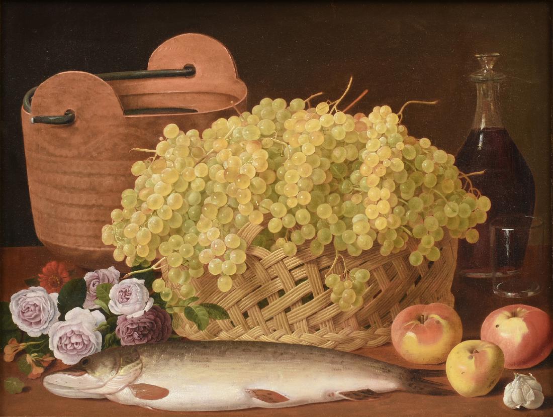 CONTINENTAL SCHOOL (19th Century) A PAINTING, "Nature: CONTINENTAL SCHOOL (19th Century) A PAINTING, "Nature Morte with Grapes, Salmon, Peonies, Apples, Milk Bucket, Red Wine in Decanter and Tumbler Glass," oil on canvas. 22 1/2" x 29 1/2"