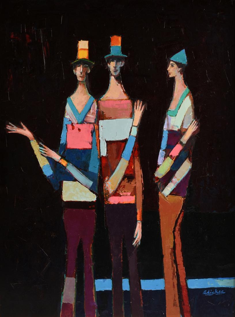 DAVID ADICKES (American b. 1927) A PAINTING, "Three: DAVID ADICKES (American b. 1927) A PAINTING, "Three Figures," acrylic on board, signed L/R. 39" x 29"