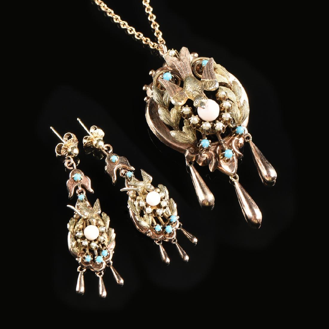 A GOLD, TURQUOISE, PEARL, AND CORAL VICTORIAN NECKLACE (1 of 4)