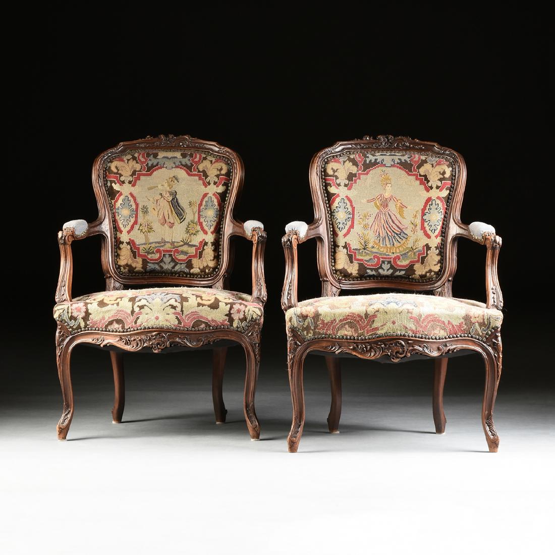 A PAIR OF LOUIS XV STYLE NEEDLEPOINT UPHOLSTERED WALNUT (1 of 17)