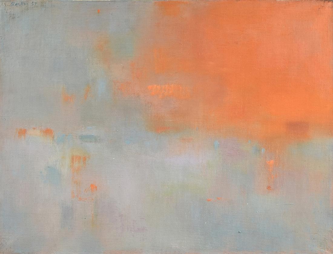 in the manner of JAMES BROOKS (American 1906-1992) A: in the manner of JAMES BROOKS (American 1906-1992) A PAINTING, "Sunset," oil on canvas, signed and dated 1957 U/L, an abstract expressionist painting utilizing staining technique. 11 3/4" x 15 3/4" Pr