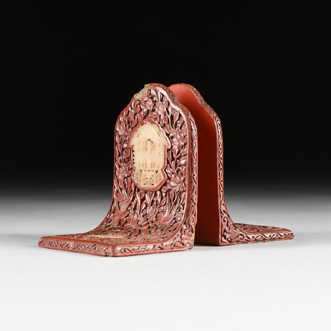 A PAIR OF QING DYNASTY STYLE RED LACQUER CINNABAR JADE (1 of 11)