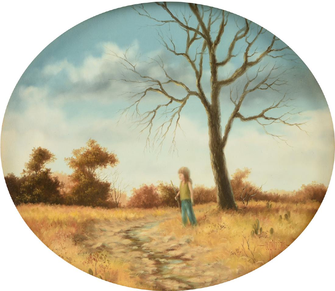 CAROL GIBSON SAYLE (American/Texas b.1944) A PAINTING,: CAROL GIBSON SAYLE (American/Texas b.1944) A PAINTING, "The Explorer," 1974, oil on canvas, signed L/R, verso titled, signed dated and #520. 6 5/8" x 7 5/8"