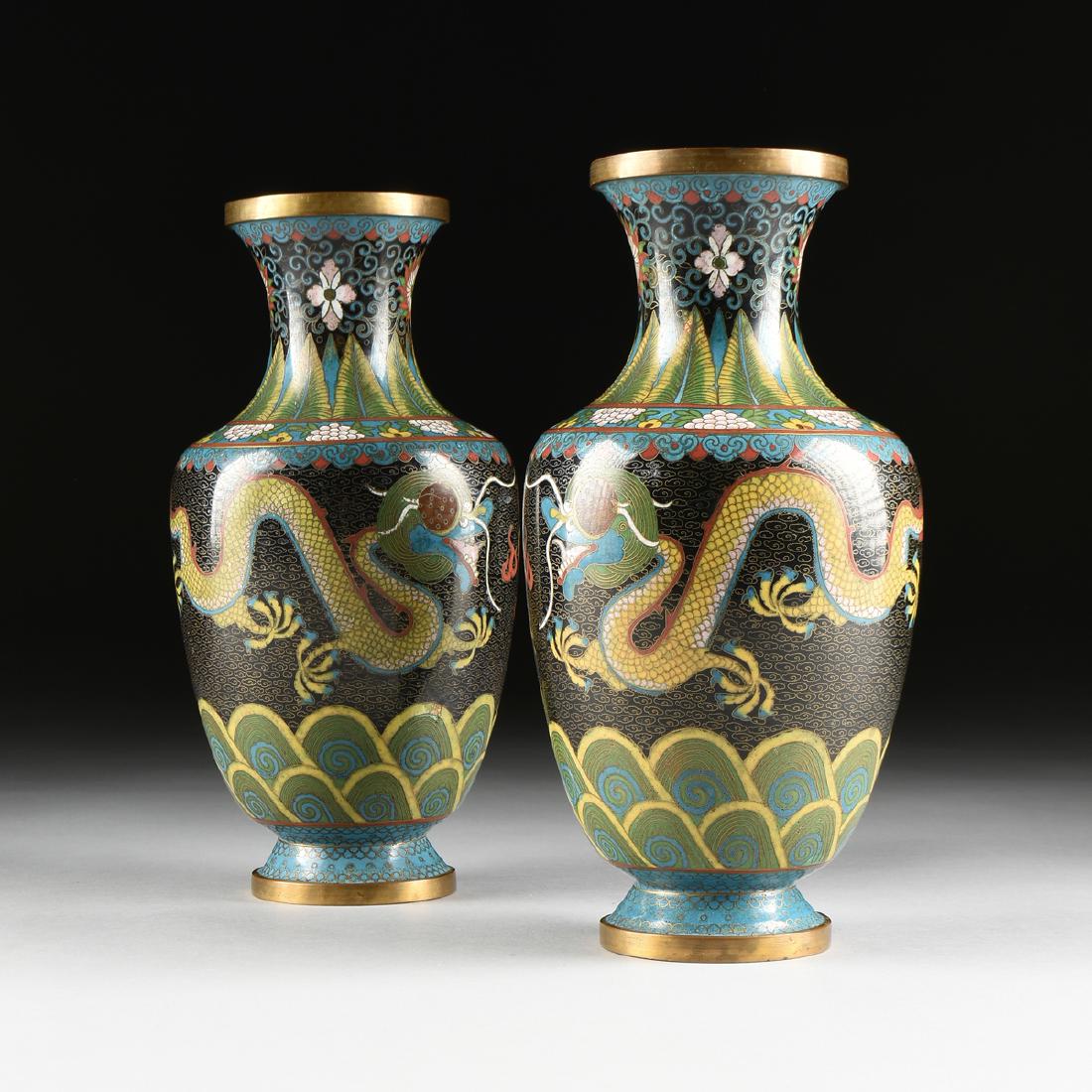 A PAIR OF ENAMELED CLOISONNÉ BRASS BALUSTER VASES, IN (1 of 11)