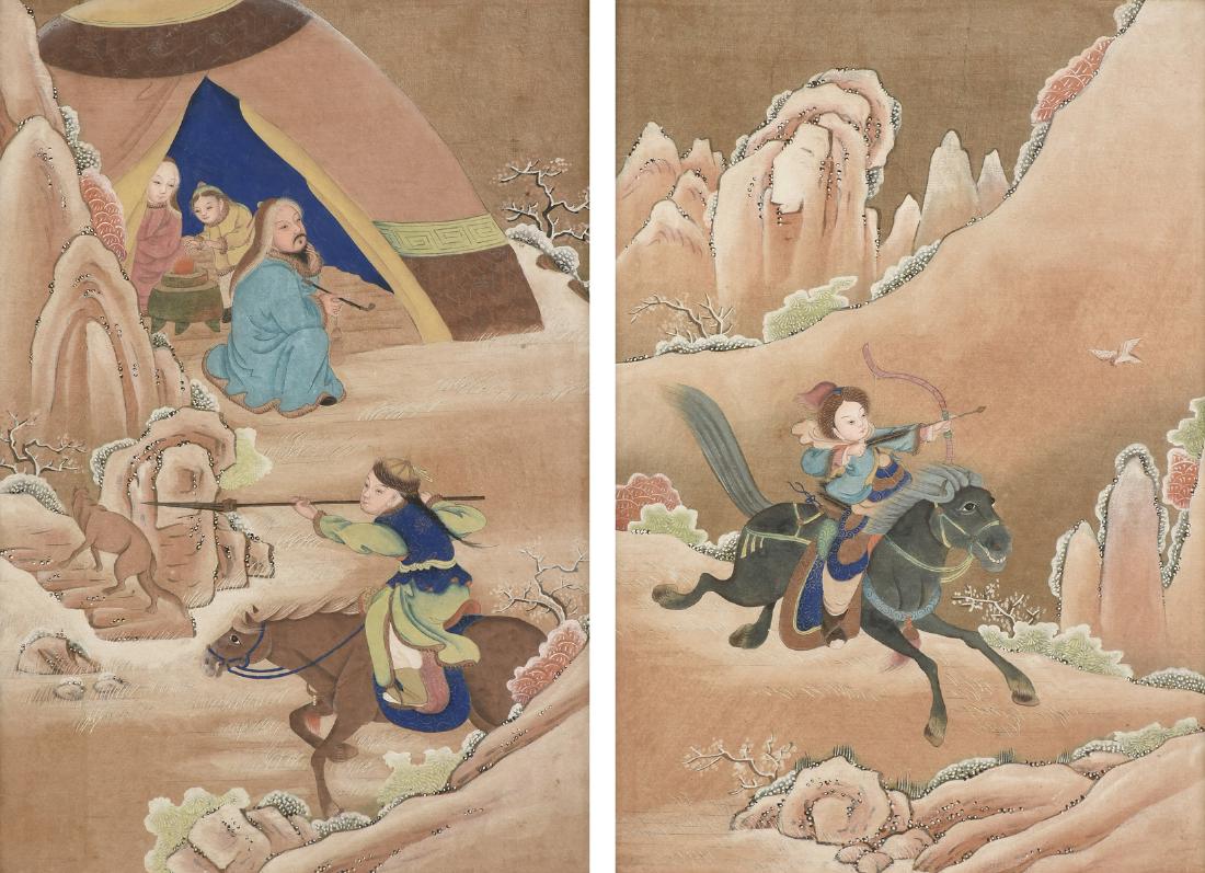 ATTRIBUTED TO THE QING DYNASTY (1644-1912) A PAIR OF: ATTRIBUTED TO THE QING DYNASTY (1644-1912) A PAIR OF CHINESE PAINTINGS, "Scenes of Mongolian Life," gouache on silk, scenes of a hunter on horseback with a bow, and the other, a domestic scene of a wi