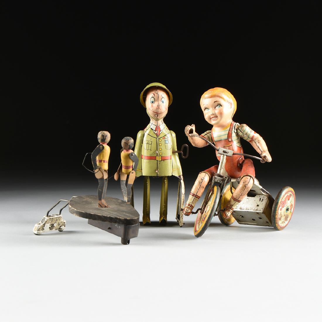 A GROUP OF THREE LITHOGRAPHED TIN AND PAINTED WOOD: A GROUP OF THREE LITHOGRAPHED TIN AND PAINTED WOOD TOYS, AMERICAN, EARLY 20TH CENTURY, comprising "Phonograph Boxers," painted wood and cardboard, talking machine toys were intended to attach to a Vic