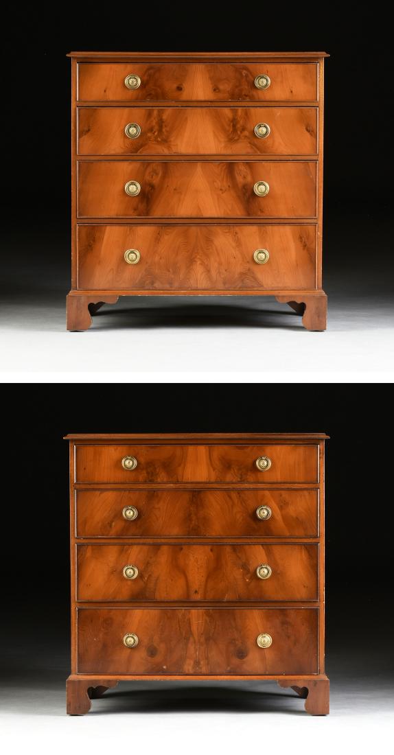 after THOMAS CHIPPENDALE (1718-1779) A PAIR OF FLAME: after THOMAS CHIPPENDALE (1718-1779) A PAIR OF FLAME MAHOGANY CHEST OF DRAWERS, BY FREDERICK TIBBENHAM (1884-1947) ENGLISH, George V (1910-1936) period, each rectangular top over four, crotched, gradu