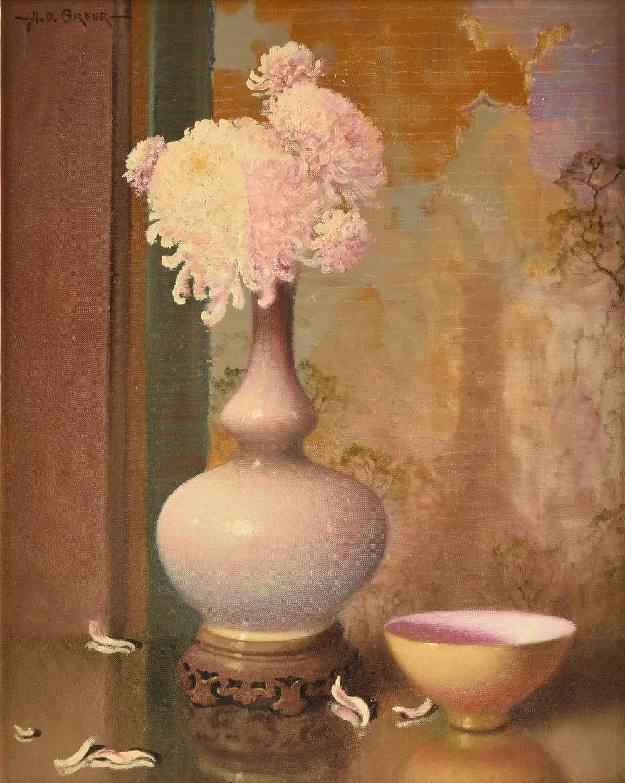 AUBREY DALE GREER (American/Texas 1904-1998) A: AUBREY DALE GREER (American/Texas 1904-1998) A PAINTING, "Nature Morte with Chrysanthemums and Pink Vase," oil on canvas, signed U/L. 16" x 20"