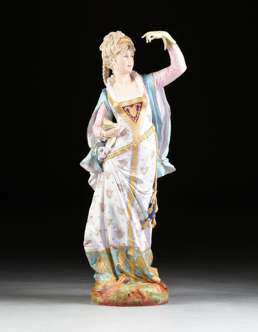A MONUMENTAL PARCEL GILT ENAMELED BISQUE PORCELAIN: A MONUMENTAL PARCEL GILT ENAMELED BISQUE PORCELAIN RENAISSANCE FIGURE OF A LADY, CONTINENTAL, CIRCA 1900, a figure of a lady with crown, and braided hairstyle, wearing a flowing dress, holds a glove i