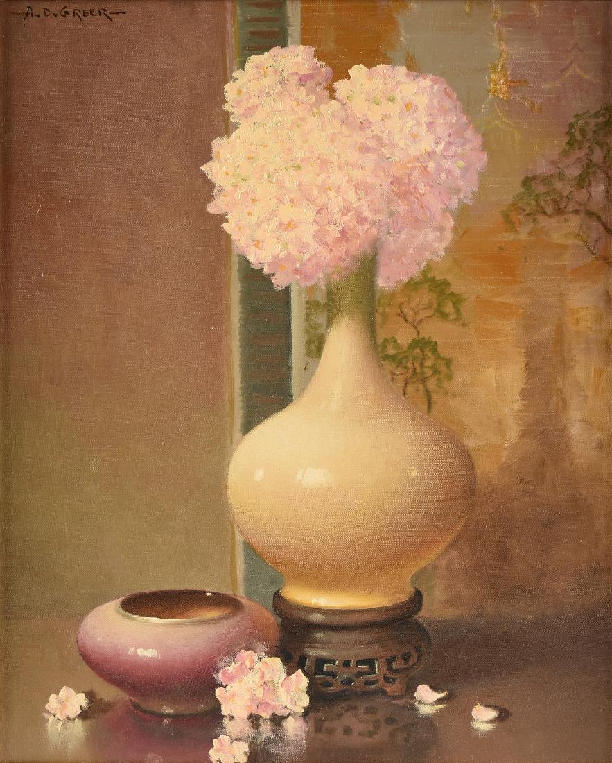 AUBREY DALE GREER (American/Texas 1904-1998) A: AUBREY DALE GREER (American/Texas 1904-1998) A PAINTING, "Nature Morte with Pink Hydrangeas and Cream Vase," oil on canvas, signed U/L. 16" x 20"