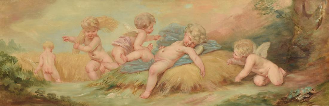 after FRANCOIS BOUCHER (French 1703-1770) A PAINTING,: after FRANCOIS BOUCHER (French 1703-1770) A PAINTING, "L'Amour Moissonneur," CIRCA 1900, oil on linen. 15 3/4" x 47 1/4"