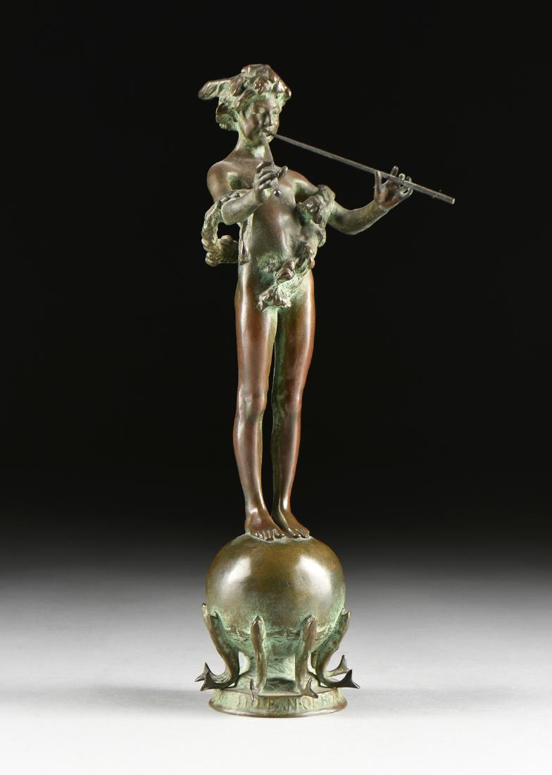 FREDERICK WILLIAM MACMONNIES (American 1863-1937) A: FREDERICK WILLIAM MACMONNIES (American 1863-1937) A PATINATED BRONZE SCULPTURE, "Pan of Rohallion," modeled standing on a sphere reversing to the cursive signature in the bronze, "Frederic MacMonnies,
