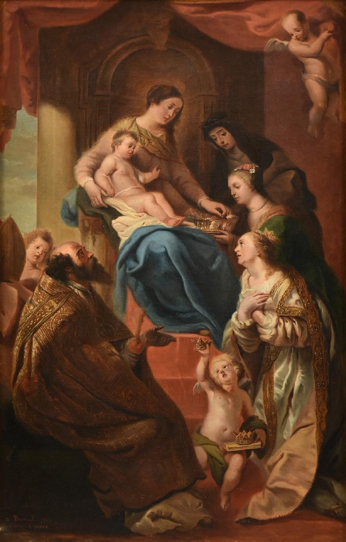 after GASPARD DE CRAYER (Flemish 1584-1669) A PAINTING,: after GASPARD DE CRAYER (Flemish 1584-1669) A PAINTING, "Allegory of the Life of the Virgin," CIRCA 1880, oil on canvas, inscribed and dated L/L, "a. Barral." 51" x 33 1/2" NOTE: The scene complex wit