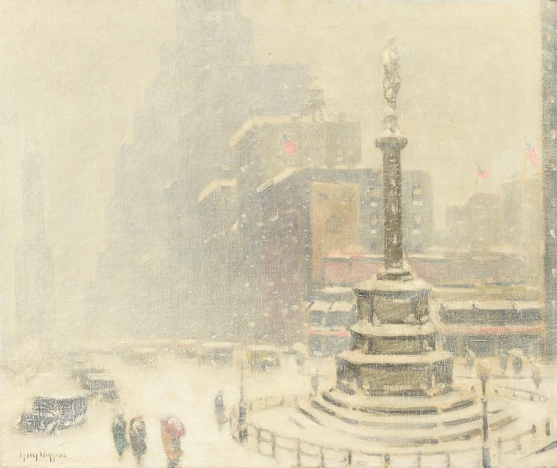 GUY CARLETON WIGGINS N.A. (American 1883-1962) A: GUY CARLETON WIGGINS N.A. (American 1883-1962) A PAINTING, "Columbus Circle, 1936," oil on canvas, signed L/L "Guy Wiggins NA.," inscribed verso "Columbus Circle 1936." 25" x 30" NOTE: This work has b