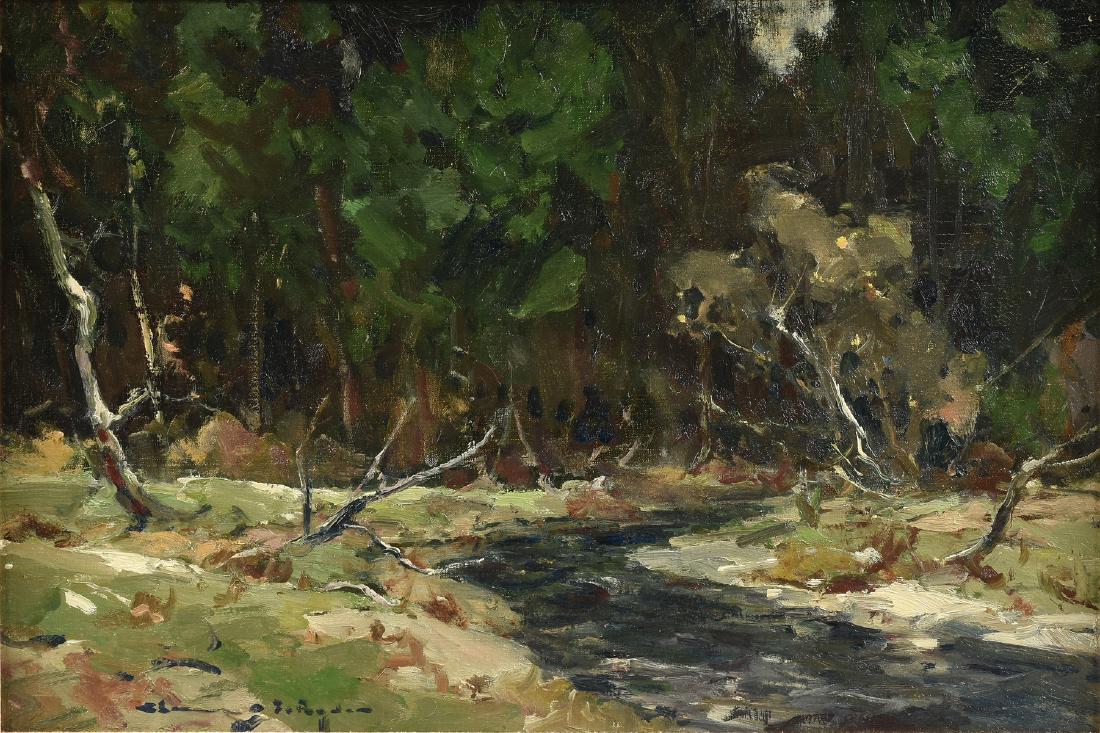 CHAUNCEY FOSTER RYDER (American 1868-1949) A PAINTING,: CHAUNCEY FOSTER RYDER (American 1868-1949) A PAINTING, "Solitude," oil on canvas mounted to board, signed L/L. 20" x 30"