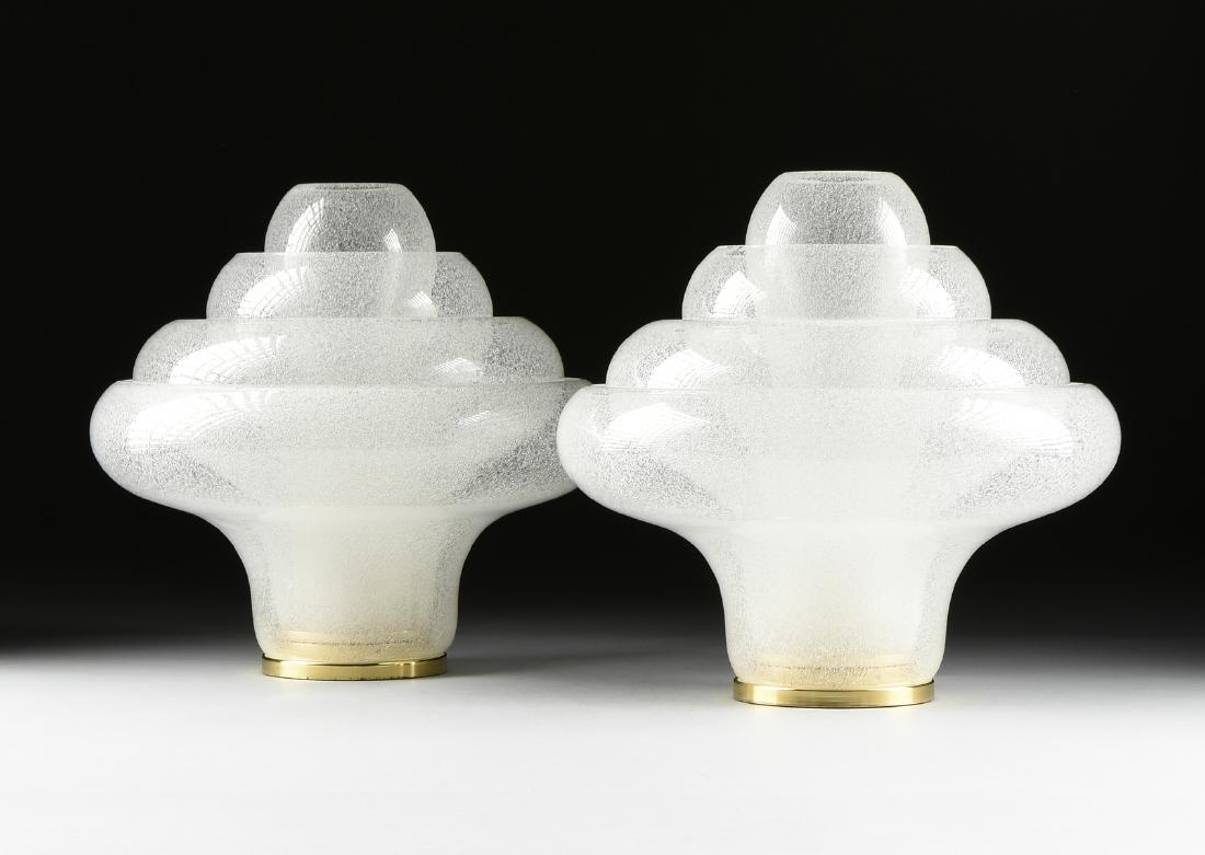 CARLO NASON (Italian b. 1935) A PAIR OF TABLE LAMPS,: CARLO NASON (Italian b. 1935) A PAIR OF TABLE LAMPS, OPALESCENT "BOLLICINE" GLASS AND POLISHED BRASS "Lotus," MODEL LT305, FOR MAZZEGA, MURANO, ITALY, DESIGNED 1969, the round polished brass base fitt