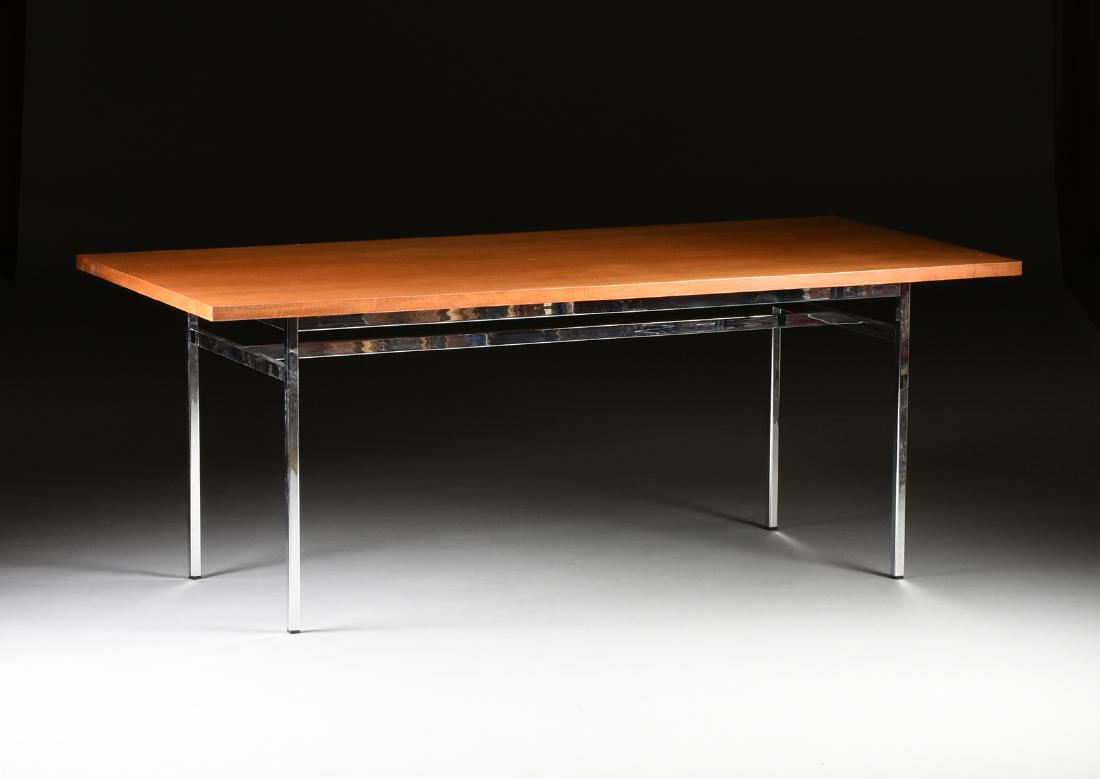 FLORENCE KNOLL (American b. 1917) A POLISHED CHROMED: FLORENCE KNOLL (American b. 1917) A POLISHED CHROMED STEEL AND WALNUT EXECUTIVE CONFERENCE TABLE, NEW YORK, NEW YORK, DESIGNED 1952, the rectangular walnut top on polished chromed steel "H" form base,
