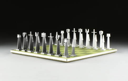 AUSTIN E. COX (American 1924-2015) A THIRTY-TWO PIECE: AUSTIN E. COX (American 1924-2015) A THIRTY-TWO PIECE ALUMINUM CHESS SET WITH CASE AND BOARD, FOR AUSTIN ENTERPRISES, AKRON, OHIO, 1962, of elongated minimalist design in extruded brushed and anodized