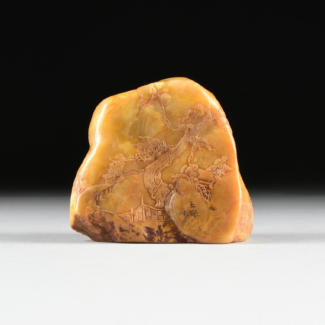 A RELIEF SHOUSHAN TIANHUANG POEM SEAL, CHINESE,: A RELIEF SHOUSHAN TIANHUANG POEM SEAL, CHINESE, ATTRIBUTED TO THE LATE QING DYNASTY (1644-1912), the yellow orange stone carved with scenes of a fisherman on a boat with an old man, a young boy and ol