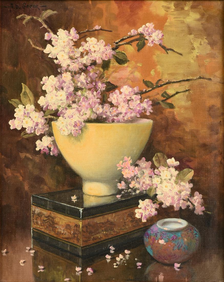 AUBREY DALE GREER (American/Texas 1904-1998) A: AUBREY DALE GREER (American/Texas 1904-1998) A PAINTING, "Still life with Hydrangeas, a Lacquer Box, and Vases," oil on canvas, signed U/L. 20" x 16"