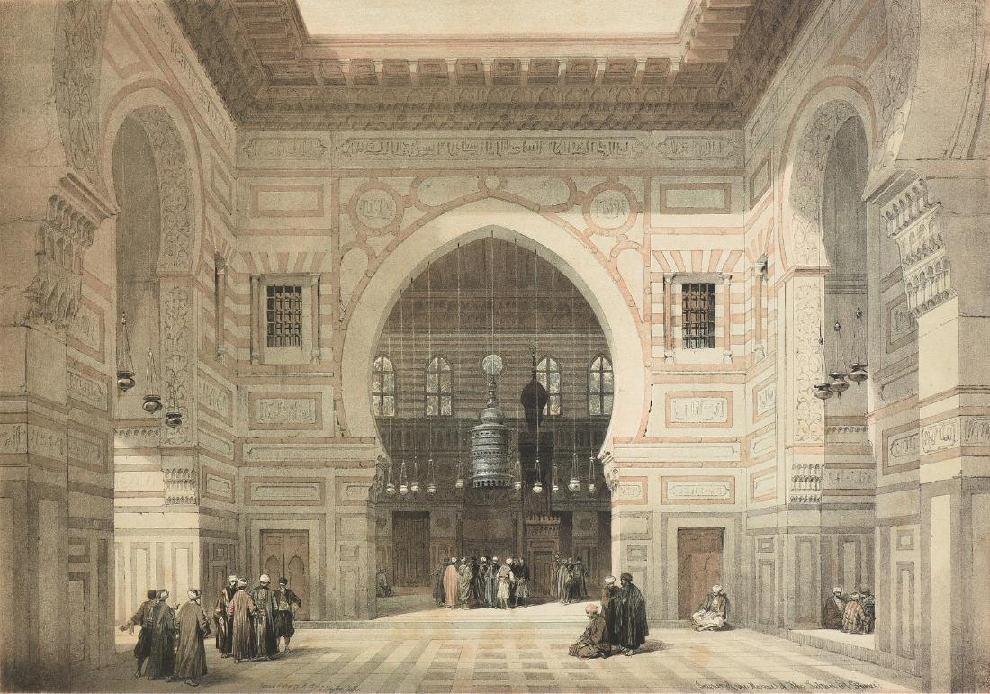 after DAVID ROBERTS (British 1789-1864) and Louis Haghe: after DAVID ROBERTS (British 1789-1864) and Louis Haghe (Belgian 1806-1885) A PRINT, "Interior of the Mosque of the Sultan El Ghoree," color lithograph on cardstock, signed and titled in plate, "Londo