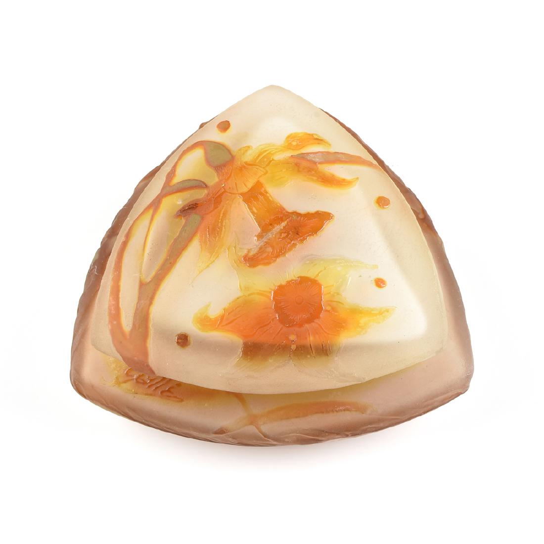 EMILE GALLE (FRENCH 1846-1904) A CAMEO GLASS COVERED: EMILE GALLE (FRENCH 1846-1904) A CAMEO GLASS COVERED POWDER BOX, NANCY, FRANCE, CIRCA 1900, triangular shape, orange yellow and pale green glass over frosted clear cameo glass with a narcissus or daff