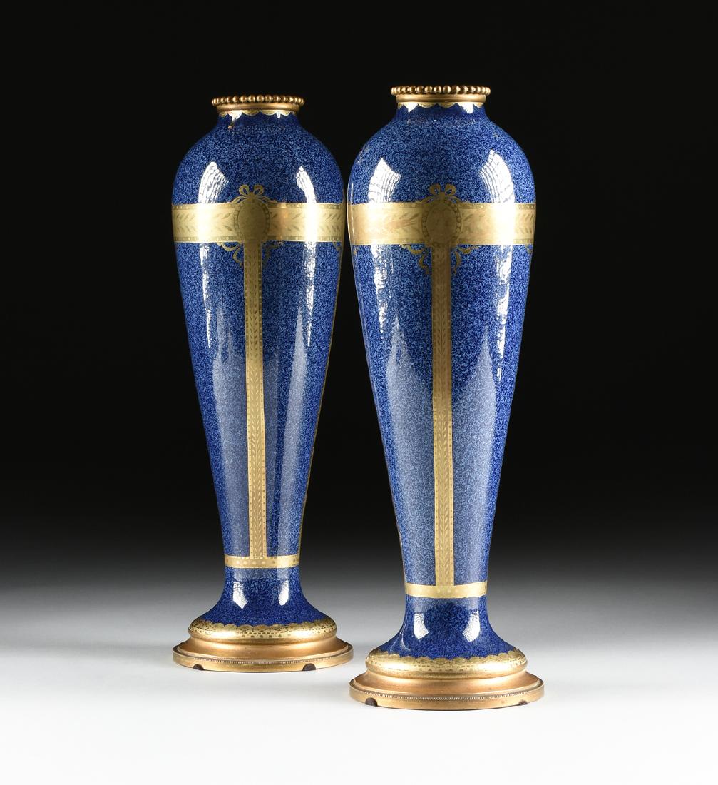 A PAIR OF BOCH FRERES KERAMIS GILT METAL MOUNTED GLAZED: A PAIR OF BOCH FRERES KERAMIS GILT METAL MOUNTED GLAZED STONEWARE VASES WITH TWO TONE GILT DECORATION, LA LOUVIERE, BELGIUM, CIRCA 1920-1930, of elongated teardrop baluster form with speckled dark blu